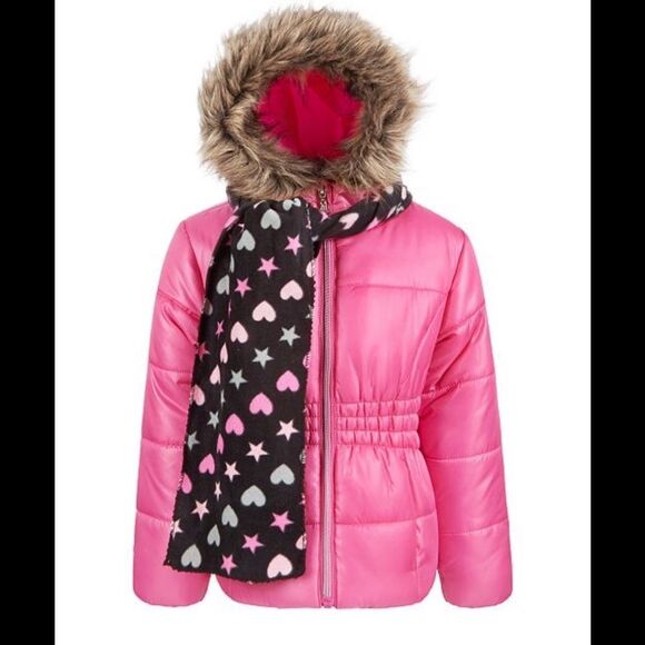 Girls Rothschild Pink Winter Puffer Coat Jacket with Scarf Size 5/6 New